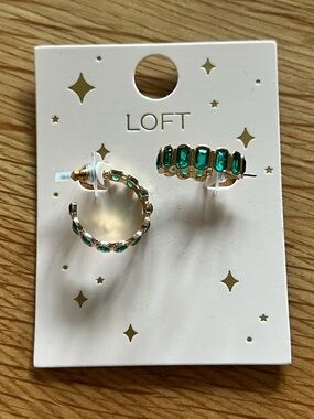 LOFT Gold-Tone Hoop Earrings with Emerald Green Stones